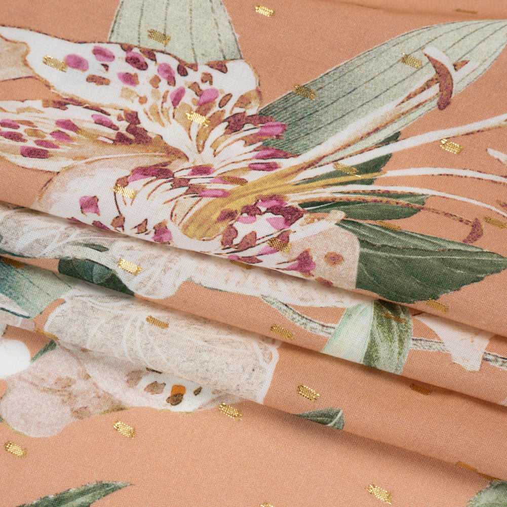 Rayon Batiste with Metallic Dots - Peach, White and Green Floral Full
