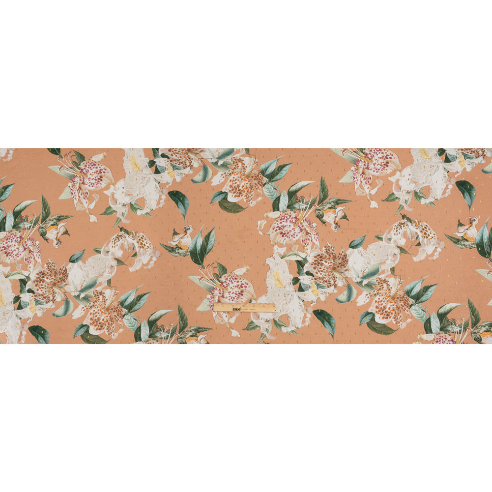 Rayon Batiste with Metallic Dots - Peach, White and Green Floral Drape