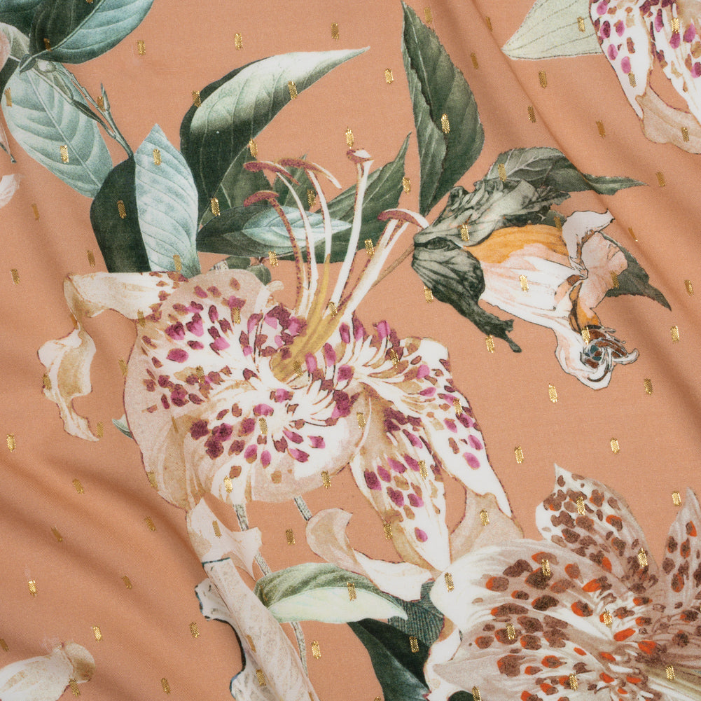 Rayon Batiste with Metallic Dots - Peach, White and Green Floral