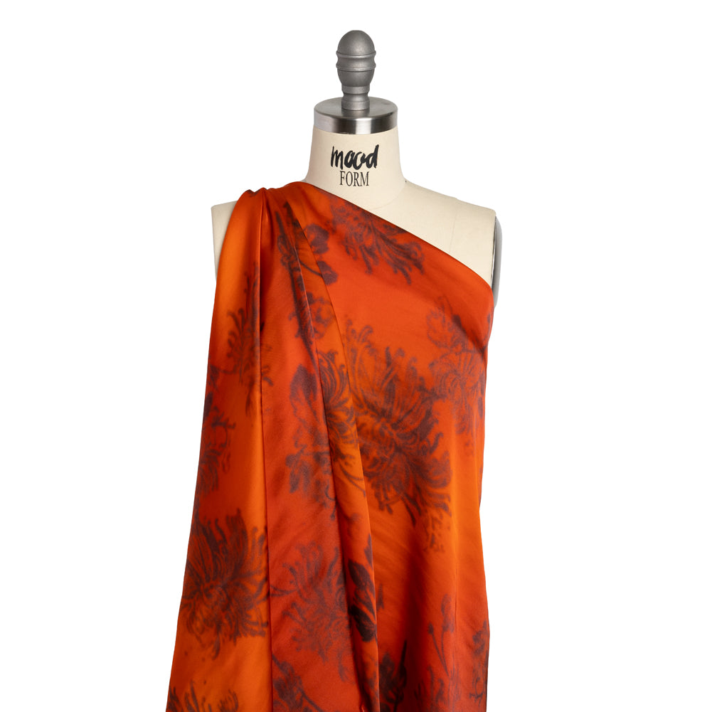 Satin-Faced Rayon Twill - Orange and Black Hazy Florals - Made in Italy Detail