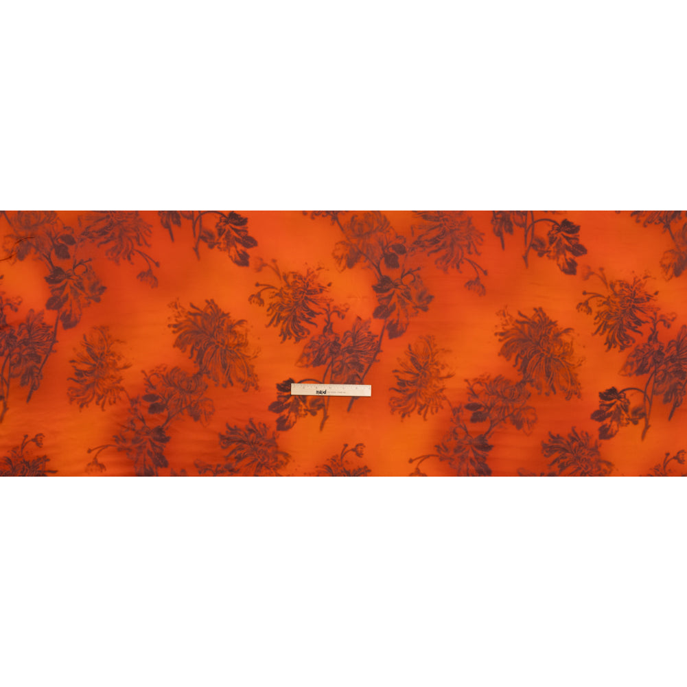 Satin-Faced Rayon Twill - Orange and Black Hazy Florals - Made in Italy Drape