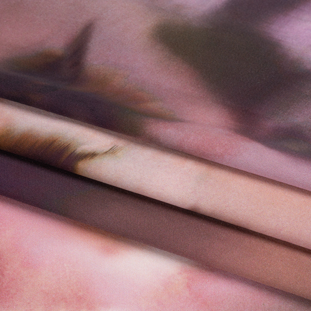 Polyester Crepe Back Satin - Pink and Dark Purple Watercolor Flowers - Made in Italy Folded