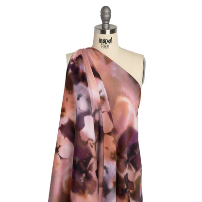 Polyester Crepe Back Satin - Pink and Dark Purple Watercolor Flowers - Made in Italy Drape