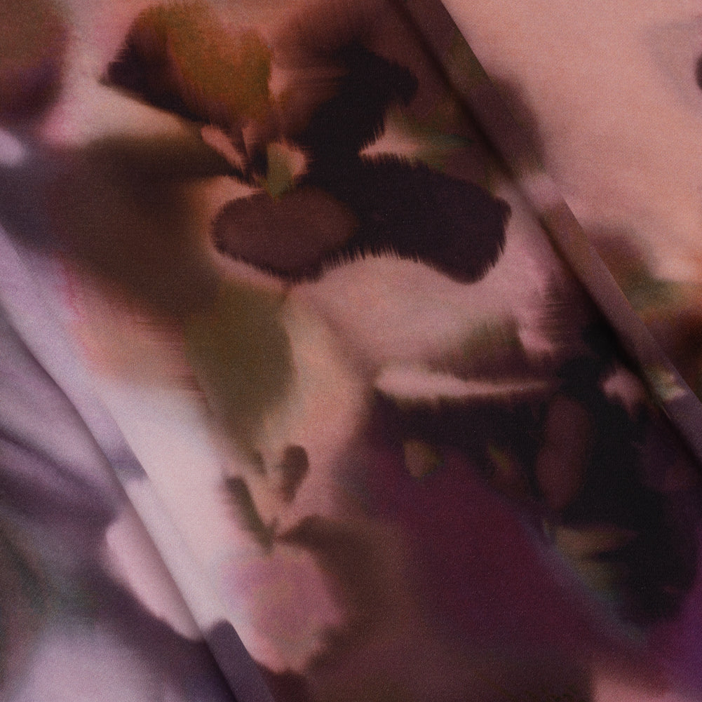 Polyester Crepe Back Satin - Pink and Dark Purple Watercolor Flowers - Made in Italy