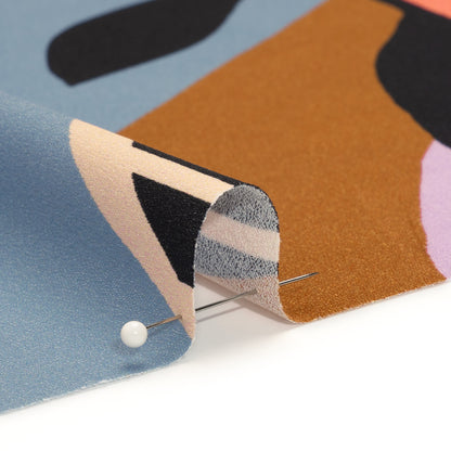 Polyester Crepe Back Satin - Blue, Lavender and Beige Leaves - Made in Italy Detail