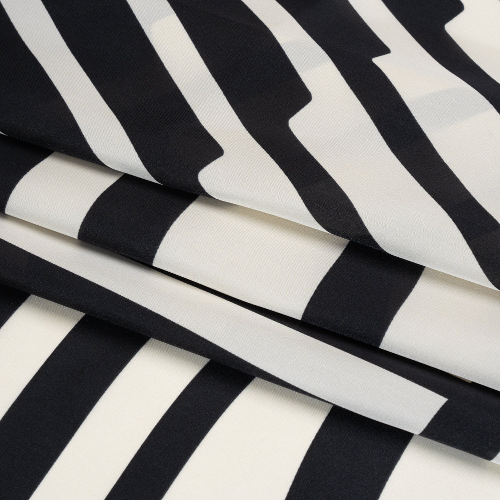 Satin-Faced Polyester Twill - Black and Ivory Geometric Stripes - Made in Italy Folded