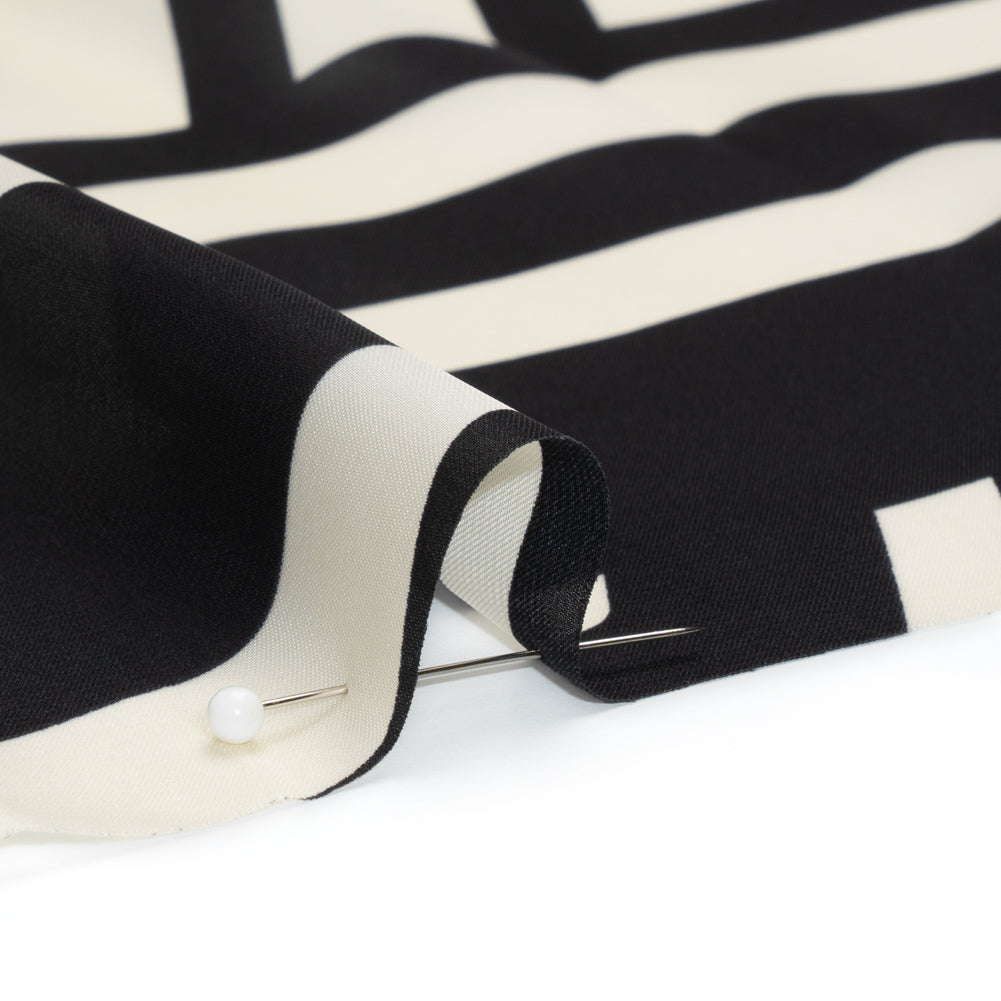 Satin-Faced Polyester Twill - Black and Ivory Geometric Stripes - Made in Italy Detail