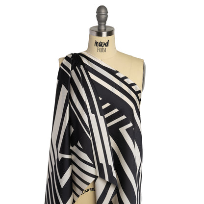 Satin-Faced Polyester Twill - Black and Ivory Geometric Stripes - Made in Italy Drape