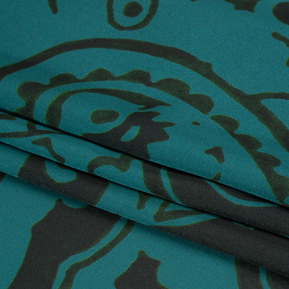 Polyester Charmeuse - Dark Green and Teal Paisley - Made in Italy Folded
