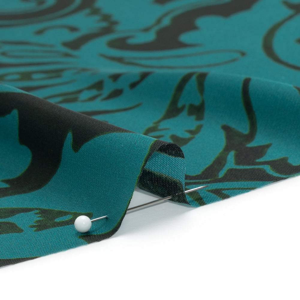 Polyester Charmeuse - Dark Green and Teal Paisley - Made in Italy Detail