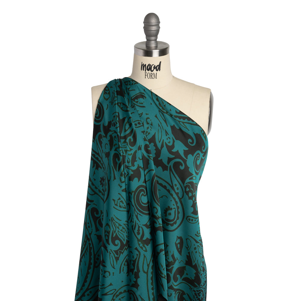 Polyester Charmeuse - Dark Green and Teal Paisley - Made in Italy Drape