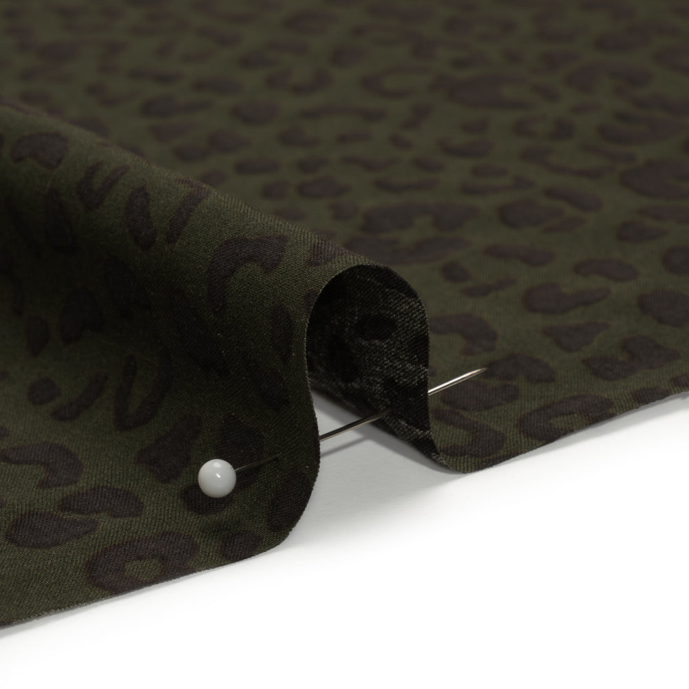 Rayon Shirting - Dark Olive and Black Leopard Spots - Made in Italy Detail