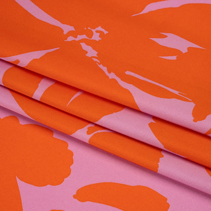 Polyester Twill - Pink and Red-Orange Florals and Striped Borders - Made in Italy Folded