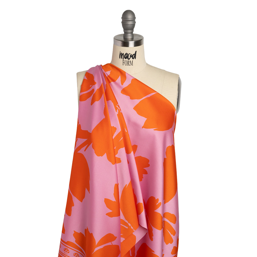 Polyester Twill - Pink and Red-Orange Florals and Striped Borders - Made in Italy Drape