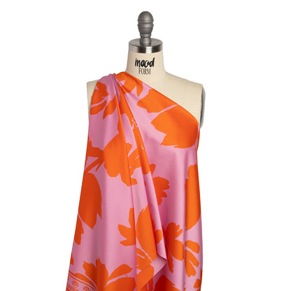 Polyester Twill - Pink and Red-Orange Florals and Striped Borders - Made in Italy Drape