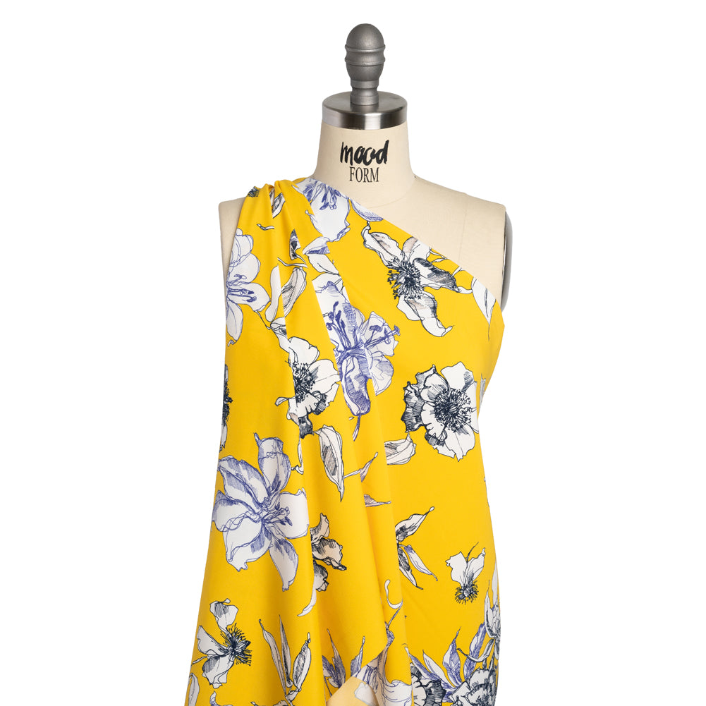 Polyester Satin-Backed Crepe - Yellow, Navy and Black Floral Sketches - Made in Italy Drape