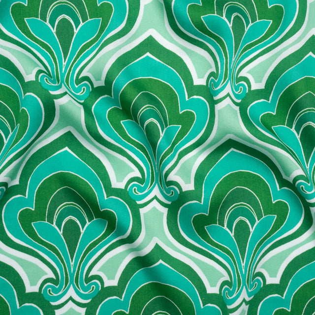 Rayon Batiste - Green and Teal Retro Palmette Floral - Made in Italy