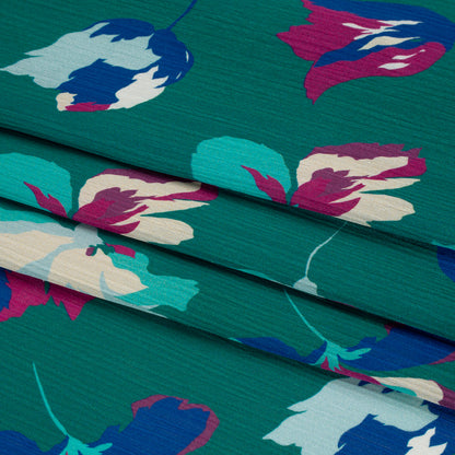 Crinkled Polyester Charmeuse - Teal, Blue and Magenta Floral - Made in Italy Folded