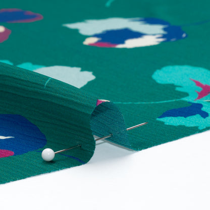 Crinkled Polyester Charmeuse - Teal, Blue and Magenta Floral - Made in Italy Detail
