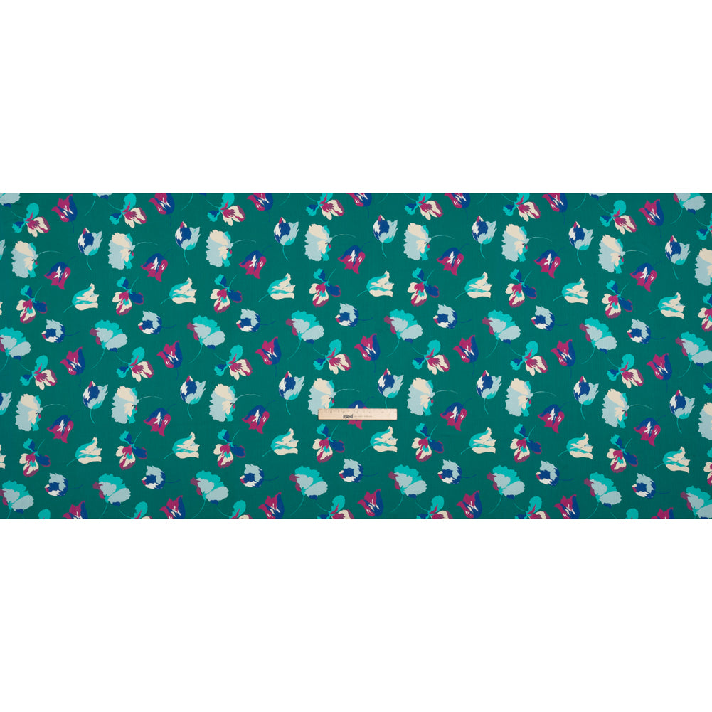 Crinkled Polyester Charmeuse - Teal, Blue and Magenta Floral - Made in Italy Full