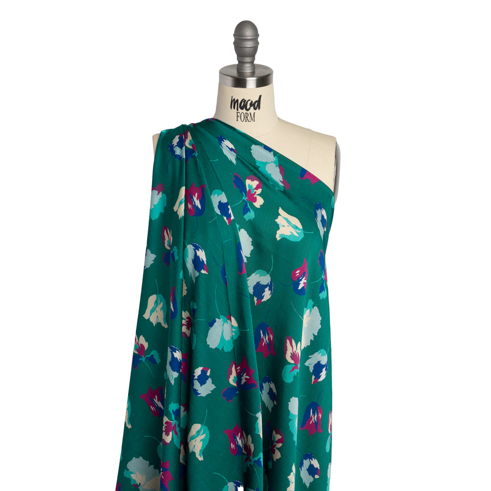 Crinkled Polyester Charmeuse - Teal, Blue and Magenta Floral - Made in Italy Drape