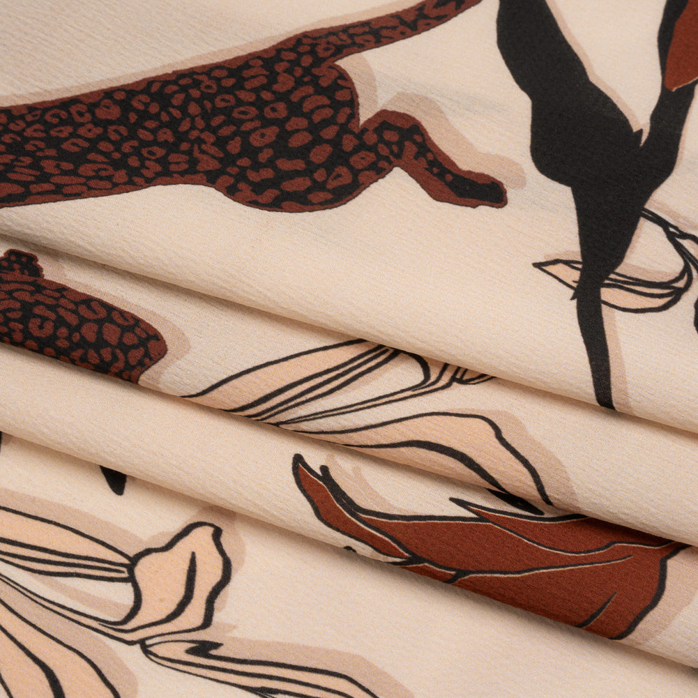 Polyester Satin-Faced Seersucker - Beige and Russet Leopards and Flowers - Made in Italy Folded