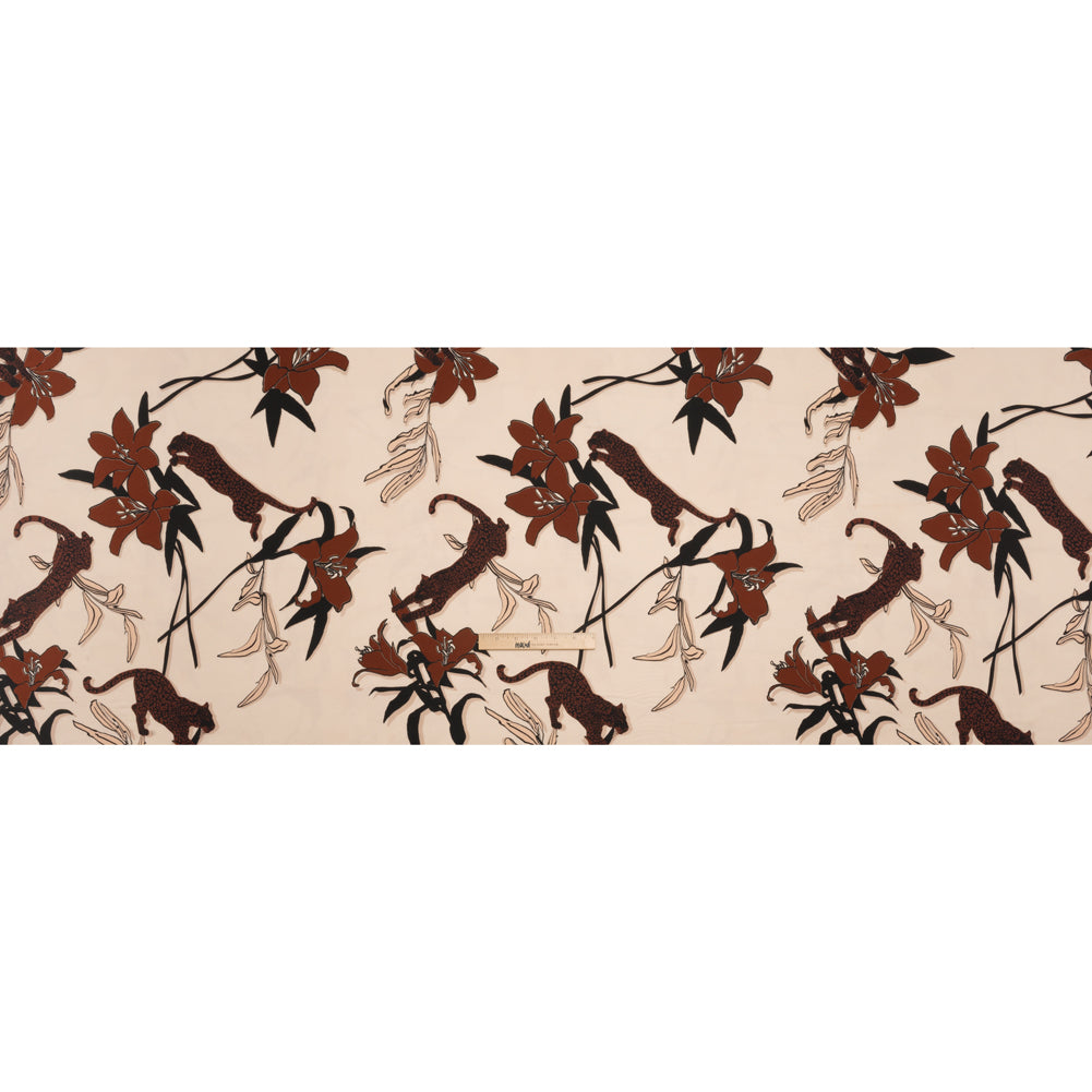 Polyester Satin-Faced Seersucker - Beige and Russet Leopards and Flowers - Made in Italy Full