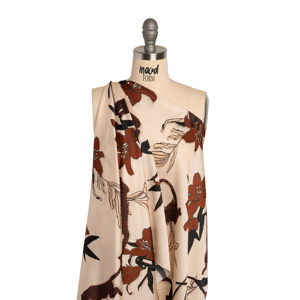 Polyester Satin-Faced Seersucker - Beige and Russet Leopards and Flowers - Made in Italy Drape