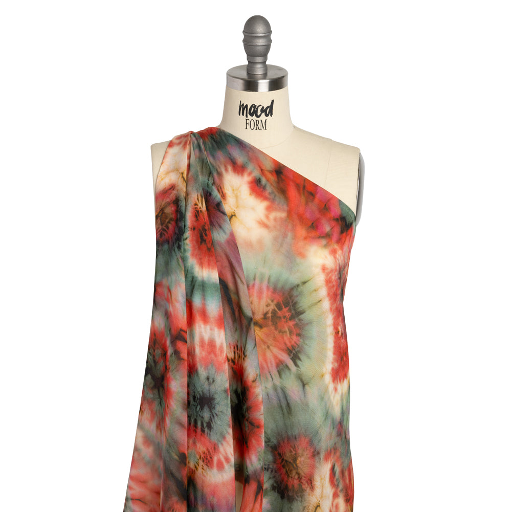 Lightweight Rayon Twill - Red and Forest Green Tie Dye - Made in Italy Detail