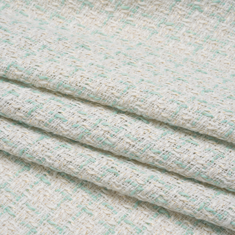 Metallic Polyester Tweed - Gold, White and Seafoam Plaid - Deadstock