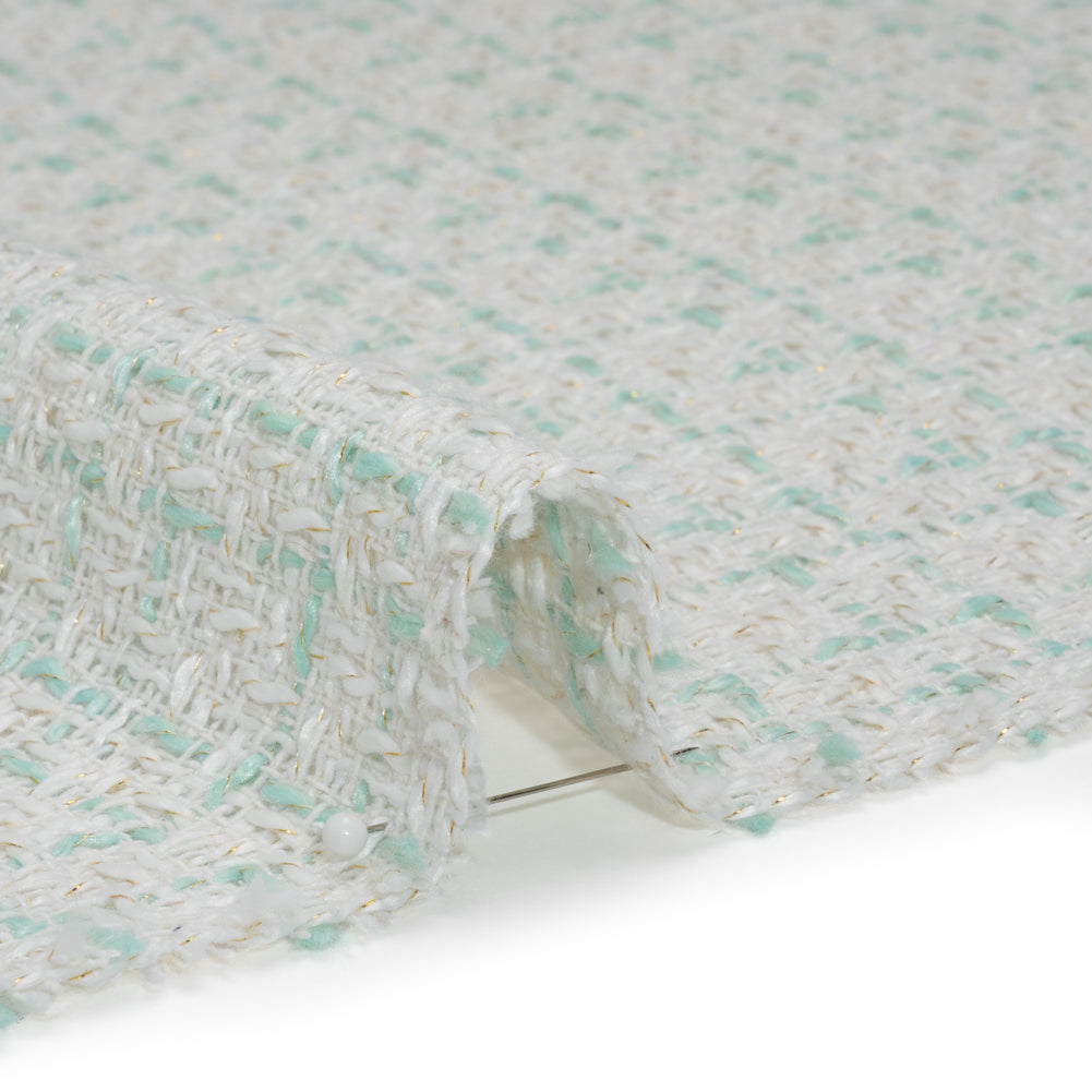 Metallic Polyester Tweed - Gold, White and Seafoam Plaid - Deadstock