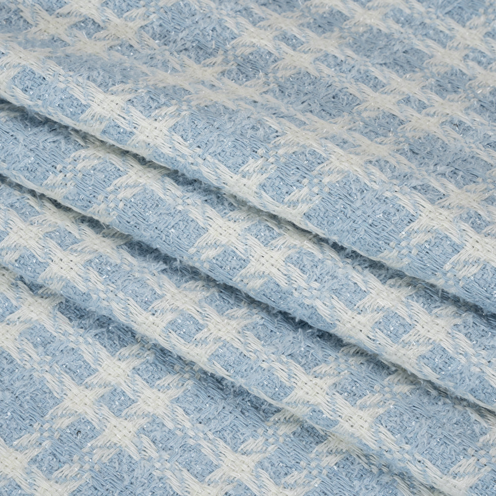 Cotton and Polyester Plaid Tweed with Baby Sequins and Eyelash Fringe - Baby Blue and White - Deadstock