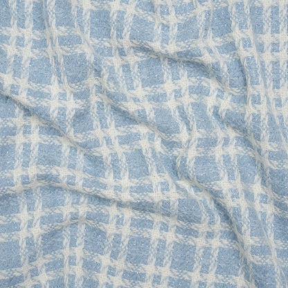 Cotton and Polyester Plaid Tweed with Baby Sequins and Eyelash Fringe - Baby Blue and White - Deadstock