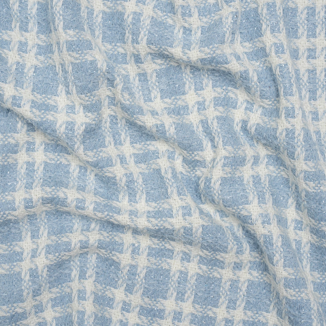 Cotton and Polyester Plaid Tweed with Baby Sequins and Eyelash Fringe - Baby Blue and White - Deadstock