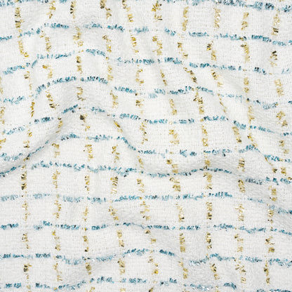 Polyester Boucle Tweed with Plaid Metallic Eyelash Fringe - White, Sky Blue and Gold - Deadstock