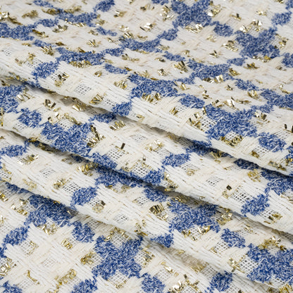 Polyester Boucle Tweed with Metallic Eyelash Fringe - White, Cobalt Blue and Gold Plaid - Deadstock