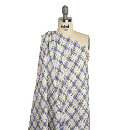 Polyester Boucle Tweed with Metallic Eyelash Fringe - White, Cobalt Blue and Gold Plaid - Deadstock