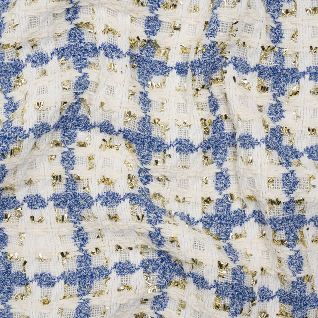 Polyester Boucle Tweed with Metallic Eyelash Fringe - White, Cobalt Blue and Gold Plaid - Deadstock