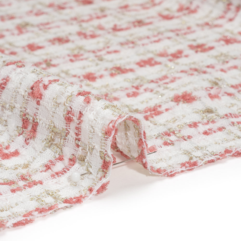 Metallic Polyester and Acrylic Tweed - White, Dusty Rose and Gold Plaid - Deadstock