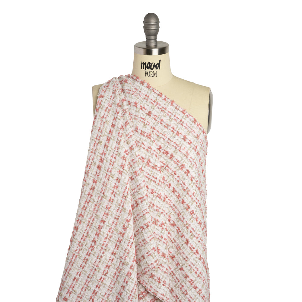 Metallic Polyester and Acrylic Tweed - White, Dusty Rose and Gold Plaid - Deadstock