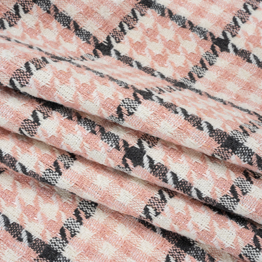 Wool Blend Tweed with Clear Eyelash Fringe and Baby Sequins - Charcoal, Rose and Cream Houndstooth Plaid - Deadstock