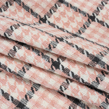Wool Blend Tweed with Clear Eyelash Fringe and Baby Sequins - Charcoal, Rose and Cream Houndstooth Plaid - Deadstock