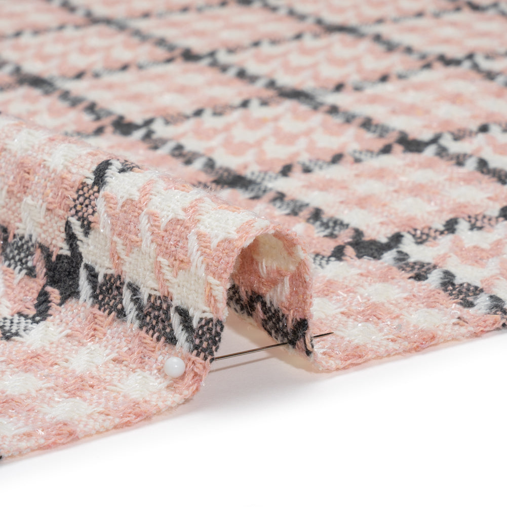 Wool Blend Tweed with Clear Eyelash Fringe and Baby Sequins - Charcoal, Rose and Cream Houndstooth Plaid - Deadstock