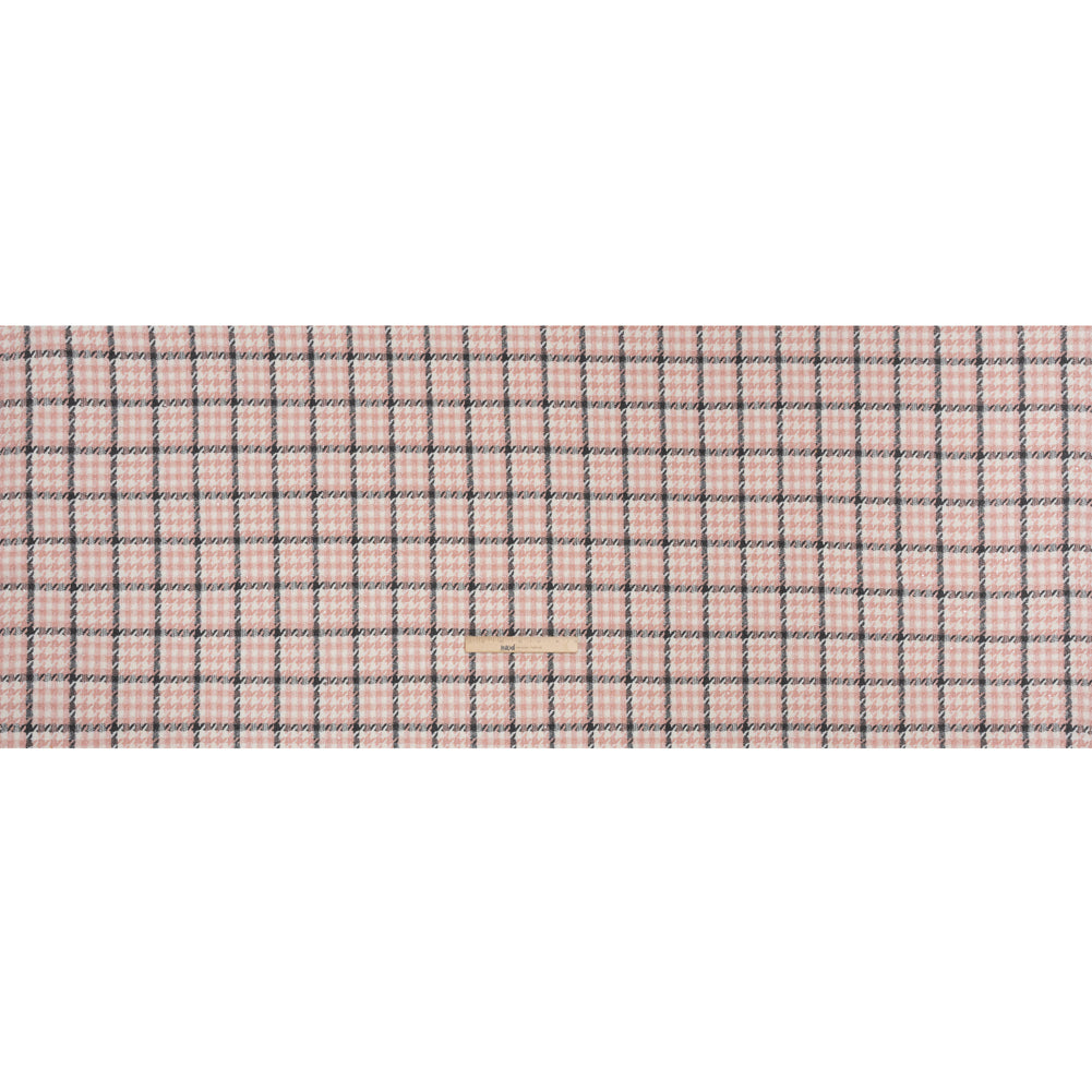 Wool Blend Tweed with Clear Eyelash Fringe and Baby Sequins - Charcoal, Rose and Cream Houndstooth Plaid - Deadstock
