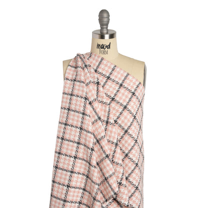 Wool Blend Tweed with Clear Eyelash Fringe and Baby Sequins - Charcoal, Rose and Cream Houndstooth Plaid - Deadstock