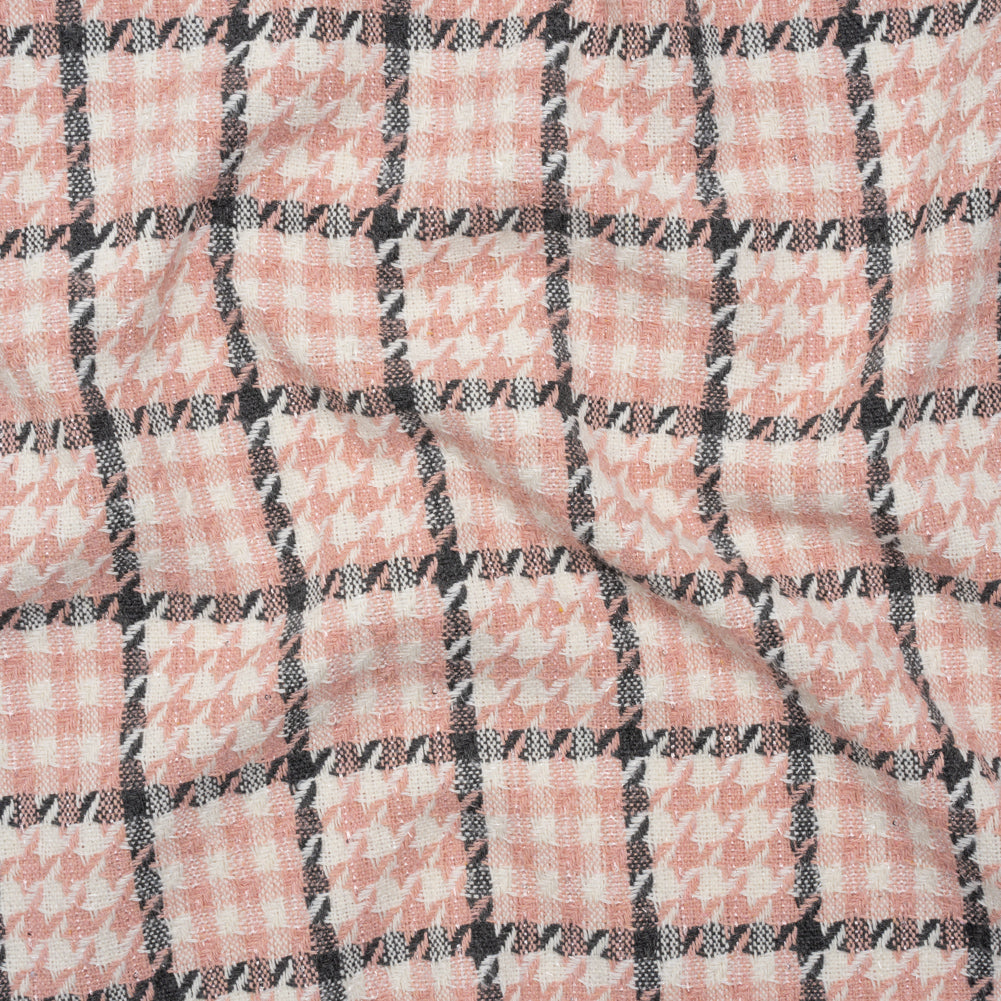 Wool Blend Tweed with Clear Eyelash Fringe and Baby Sequins - Charcoal, Rose and Cream Houndstooth Plaid - Deadstock