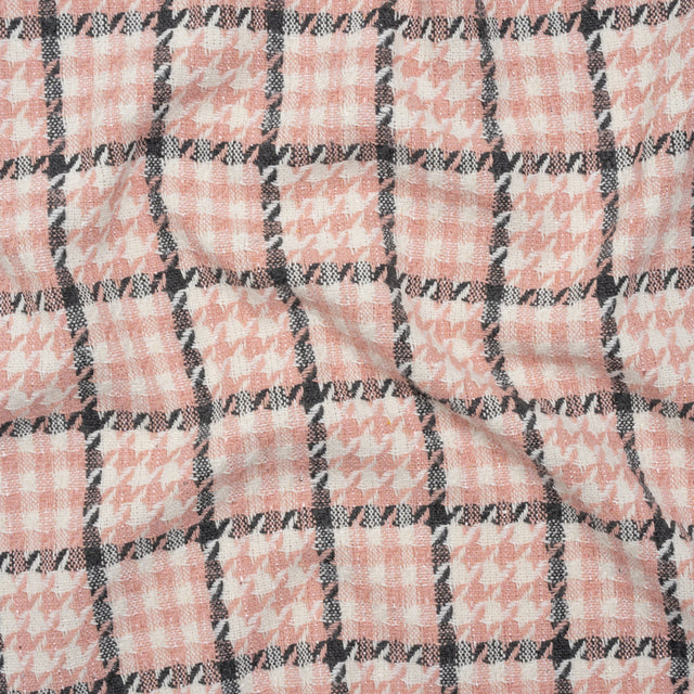 Wool Blend Tweed with Clear Eyelash Fringe and Baby Sequins - Charcoal, Rose and Cream Houndstooth Plaid - Deadstock