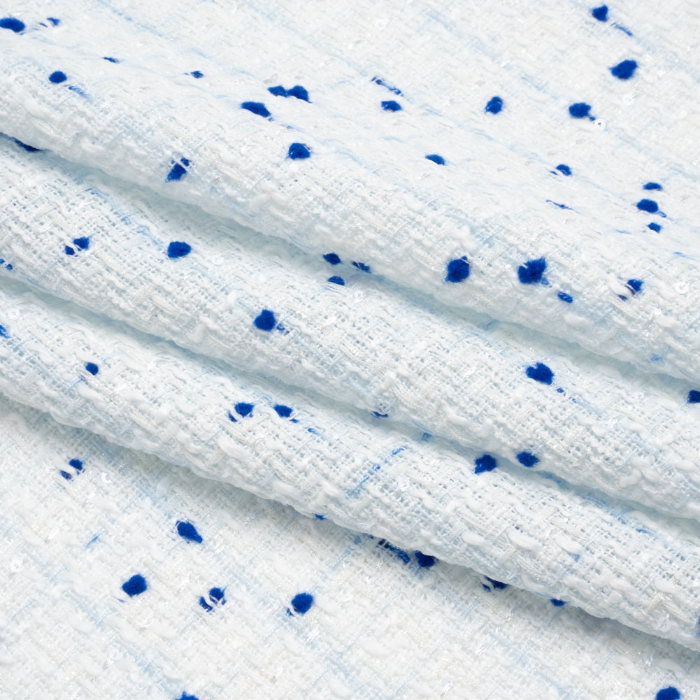 Polyester Pom Pom Tweed with Baby Sequins - White and Cobalt Blue - Deadstock - Folded