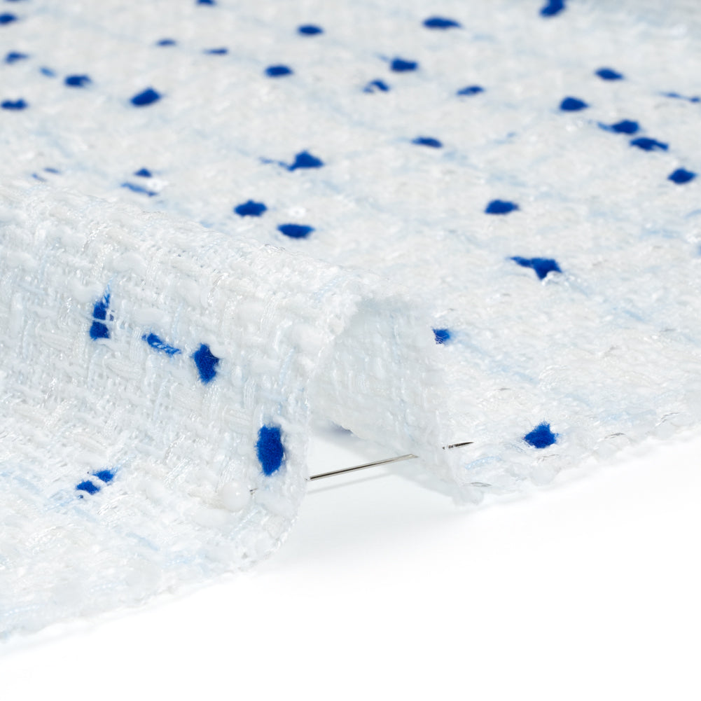Polyester Pom Pom Tweed with Baby Sequins - White and Cobalt Blue - Deadstock - Detail
