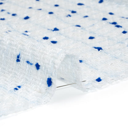 Polyester Pom Pom Tweed with Baby Sequins - White and Cobalt Blue - Deadstock